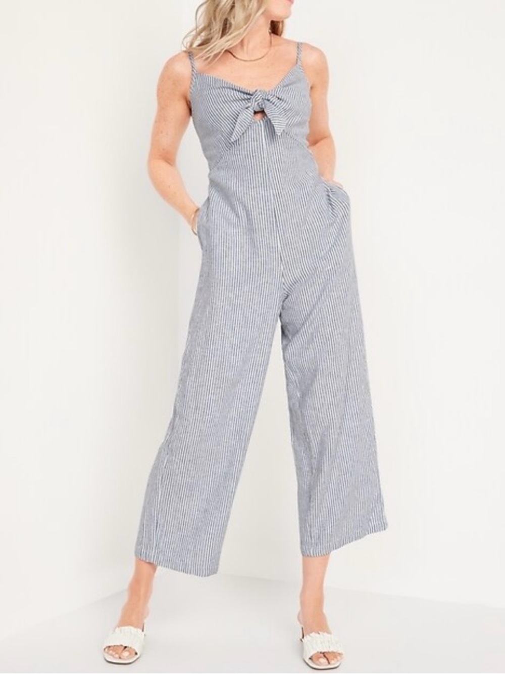 Old Navy Striped Linen-Blend Knot-Front Cropped Jumpsuit - Blue & White - Size L
